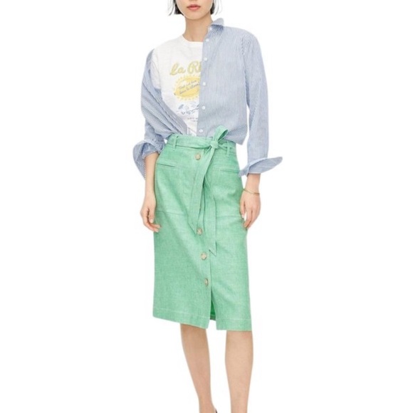J. Crew | Button-front In Stretch Linen Poly Pencil Pockets Green Belted Skirt - Picture 1 of 8